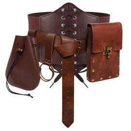 Womens Corset Belt Pouch Waist Bag Fanny Pack Phone Holder Coin Purse Skirt Hikes Loop Hook Medieval Renaissance Costume Sets (Brown, L-Waist/32"-43")