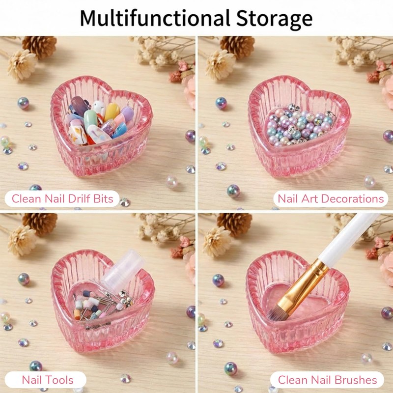 2PCS Heart-Shaped Dappen Dish for Nails, Pink Glass Crystal Monomer