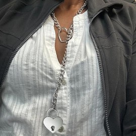 Heart Slip Chain Choker Necklace for Women Stainless Steel Cuban Chain Heart Y-shape Necklace Punk Rock Collar Necklace Adjustable Lariat Y Necklace Heart Locker With Key (Silver Lock)