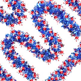 66FT 4th of July Patriotic Tinsel Garland, Red White Striped Star Tinsel Garland Patriotic Ornaments for Memorial Day Independence Day Indoor Outdoor Home Party Decor (Blue Red)