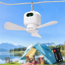 DIGLED Battery Operated Ceiling Fan: 11" Portable Camping RV Tent Fan with Lights - Outdoor Hanging Rechargeable 8000mAh - Hook Type Remote Fans for Gazebo Patio Canopy Beach Dormitory Bedroom 5V/2A