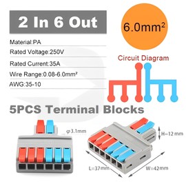MiJunHD 2 In 6 Out Quick Lever Push-in Electrical Wire Terminal Block, 5 PCS Wire Connector Splitter Distribution for Surface Wiring & Circuit Inline (0.08-6mm² Wire, 35-10 AWG, 250V, 35A)