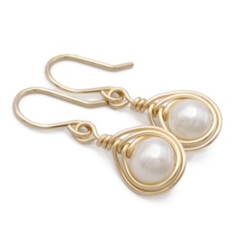Pillar of Salt Studio Handcrafted Earrings Yellow Gold-filled Wire Wrap with Freshwater Pearls for 1st Anniversary Gift (White, 3/4" drop)