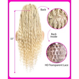 PIB 32'' Single Full Lace Braid Wig – Boho Box Braided Wig Triangle Parted, Knotless Braided Wigs for Black Women, Synthetic Lace Wigs with Natural Baby Hair (613, Platinum Blonde)
