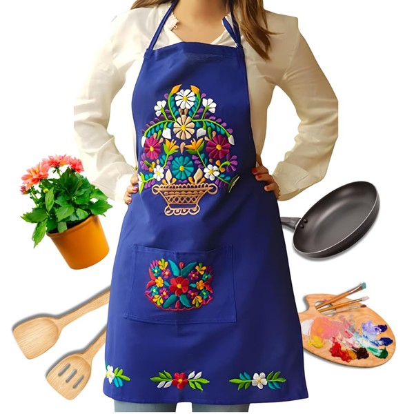 Mexican blue apron for women, Royal blue kitchen pinafore with
