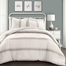 Lush Decor, Gray Comforter Farmhouse Stripe 3 Piece Reversible Bedding Set, Full Queen