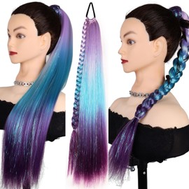 Ponytail Extension 26 inch Violet Purple to Dark Blue to Dark Purple Colored Hair Extensions for Braiding Ombre Pony Tail Hair Extensions for Braids with Hair Tie Rave Crazy Hair Day 1 Pack