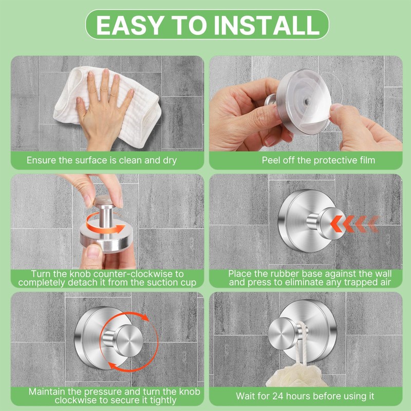 Fasbeu Silver Waterproof Suction Cup Hooks, 8-Pack Heavy Duty Stainless