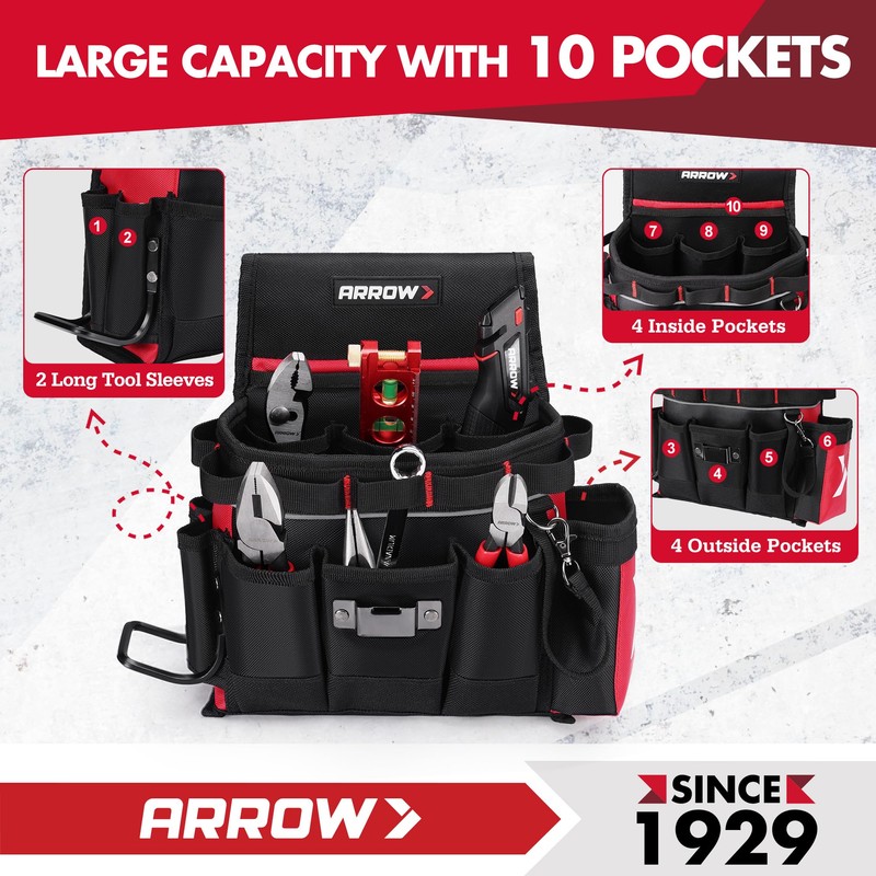 ARROW Tool Belt Heavy-Duty, Electrician Tool Pouch with 10 Pockets,