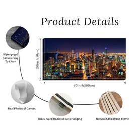 Chicago Skyline Wall Art - Colorful Modern USA Downtown City Night View Canvas Painting for Living Room Decor, Skyscraper Building Panorama Pictures Framed for Bedroom Home Office Decorations 20"X40"