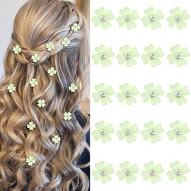 YISSION 20 Pcs Mini Green Flower Hair Clips with Rhinestone Cute Hair Pins Decorative Hair Clips Wedding Hair Barrettes Bridal Hair Accessories for Girls Women
