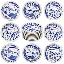 Mezchi Dipping Bowls Set of 8, 4 Inch Ceramic Soy Sauce Dish, 3 Oz Mini Serving Bowls with Cat Design, Microwave & Dishwasher Safe Appetizer Plates for Sushi, Condiments, Snacks