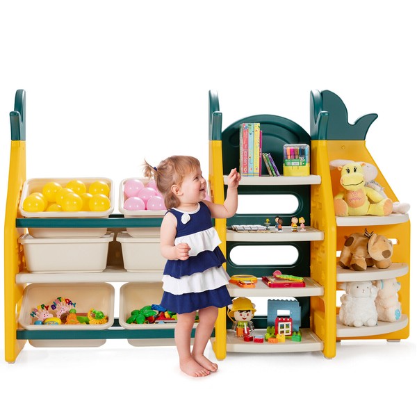 Honeyjoy 3-in-1 Kids Toy Storage Cabinet Bookshelf Corner Rack w/ Plastic Bins