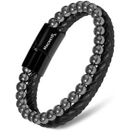 MagnetRX® Hematite & Leather Magnetic Bracelet - MAX Strength Natural Stones - Beaded Magnetic Hematite Bracelets (Medium)