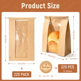 220 Pcs Paper Bread Bags with Tin Tie Tab, Includes 220 Stickers
