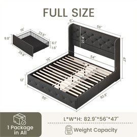 LARMACE Full Size Bed Frame with 4 Storage Drawers and Wingback Headboard Linen Upholstered Platform Bed Frame Tufted Beds with Wooden Slats Support, Easy Assembly, Dark Grey