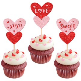 24 piezas de decoración para magdalenas para el día de San Valentín, color rojo y rosa con purpurina dulce para decoración de pasteles de corazón de doble amor, decoración para bodas, compromisos,