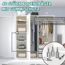 BGOBTY Shelf Brackets, Pack of 40 Floor Supports, Self-Tapping Screw, Cabinet Hanger with Rubber Protection, Shelf Holder, Wardrobe Shelf for Furniture Cabinet Bookshelf Cabinet