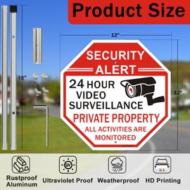 2 Pack Security Sign, Private Property Video Surveillance Sign, with 36" Metal Stakes, 12"x12" Reflective Rust Free Heavy Aluminum, Fade Resistant, Includes Matching Screws & Wrench