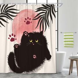 JAWO - Cortina de ducha con diseño bohemio de gato negro, hojas de salvia, color rosa, bonita cortina de baño estética minimalista, divertida cortina de baño de poliéster con 12 ganchos