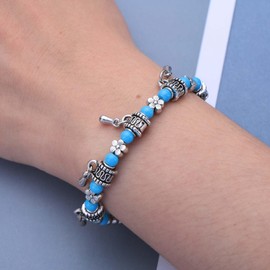 Inateannal Boho Turquoise Bracelet Blue Turquoise Beaded Bracelet Silver Metal Flower Bracelet Tiny Teardrop Bead Tassel Bracelet Turquoise Beads Chain Flower Bracelet Ethnic Tribal Pendant Bracelet