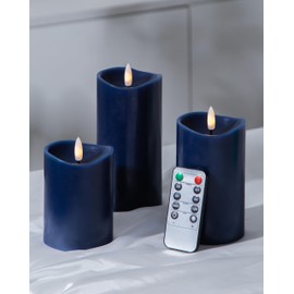 Velsyn Navy Blue Flameless Candles with Remote and Timer, Real Wax Made LED Pillar Candles Battery Operated with 3D Flickering Flame Melted Top - 3" x 4", 3" x 5", 3" x 6" - Set of 3