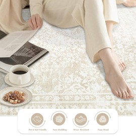 Vintage Living Room Area Rug - 9x12 Large Machine Washable Boho Area Rug Distressed Floral Rugs for Bedroom, Soft Non-Slip Indoor Floor Accent Rugs for Office Dining Room (Cream Beige, 9'x12')