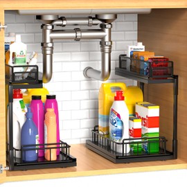CTANCIFANG Under Sink Organizers and Storage Cabinet Organizer Pull Out kitchen sink organizer Countertop Storage Shelf Under Kitchen Sink Organizer for Kitchen Bathroom Cabinet 2 Tier Black 2 Pack