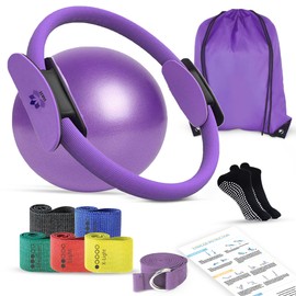 flexintense 9-in-1 Pilates Ring Set – 13” Magic Circle, 9.8” Mini Ball, 5 Fabric Resistance Bands, Yoga Strap, Non-Slip Socks, Carry Bag, Workout Guide – Home Workout Kit for Women & Men (Purple)