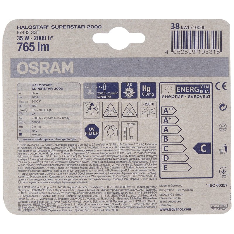 OSRAM Halogen-pin-Base/HALOSTAR / GY6.35-Socket/dimmable / 12 Volt / 35 Watt