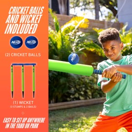Nerf Foam Cricket Set - Full Starter Cricket with 30" Bat, (2) Foam Balls + (3) Plastic Wickets - Perfect for Adults, Kids + Beginners - Full Set