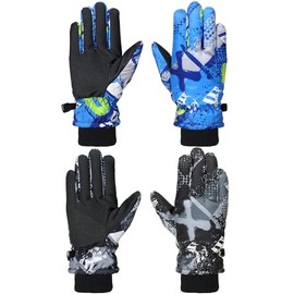Honoson 2 Pares Guantes de Nieve de Invierno para Niños Guantes de Esquí Cálidos Impermeables a Prueba de Viento Guantes de Snowboard para Niños Pequeños (Patrón Retro, 4-8 años)