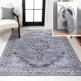 JONATHAN Y Machine Washable Indoor Area Rug 8X10 Navy/Gray/Black, Chenille Cottage Medallion for Living Room, Bedroom, Kitchen, Office, Easy-Cleaning, Pet-Friendly, Non-Shedding WSH202A-8