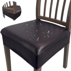 Soft Leather Chair Seat Covers Dining Chairs Set of 4, Waterproof Seat Covers for Kitchen High Stretch & Well-Fitted Chair Covers Dining Chairs with Elastic Ties (Dark Brown, Rear-Covered)