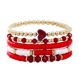 KZL Boho Love Heart Heishi Surfer Beaded Multilayer Stretch Bracelets Cute Colorful Polymer Clay Gold Beads Elastic Stackable Bracelets for Women-Red