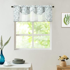 VOGOL Leaves Pattern Farmhouse Valance, Wrinkle Free Faux Linen Overlay Window Treatments for Bathroom, 1 Panel White Sheer Double Layers Rod Pocket Wavy Valances, W 52 x L 18
