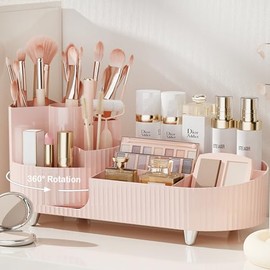 Organizador de maquillaje para tocador con soporte para brochas, organizador de maquillaje cosmético, organizador de maquillaje giratorio, rosa