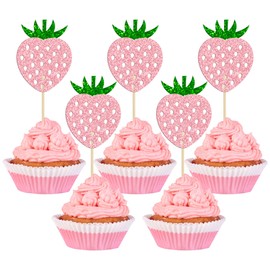 24 Pack Strawberry Cupcake Toppers Glitter Birthday Strawberry Cupcake Picks for Fruit Baby Shower Kids Birthday Summer Berry Cupcake Decorations Party Supplies Pink