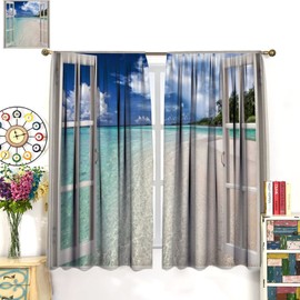 Landscape Blackout Curtains,Tropical Beach Landscape Through A Window,Print Window Drapes 2 Panel Set Window Curtains Apartment Decor 42x45in