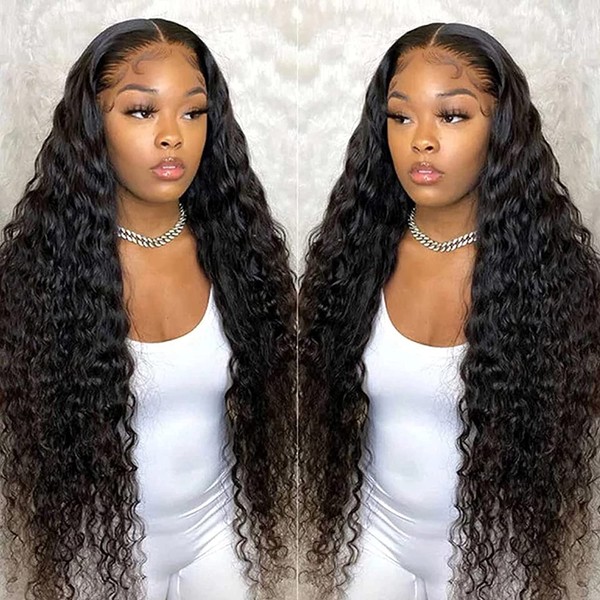 ISEE Hair Transparent Lace Front Wigs Human Hair Deep Wave Wigs 150% Density Deep Curly 13X4 Lace Frontal Human Hair Wigs for Black Women Pre Plucked with Baby Hair Natural Color (22 Inch)