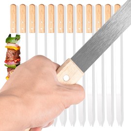 HONSHEN Flat Kabob Skewers 23.5 Inch Long,7/8 inch Wide Heavy Duty Stainless Steel Grilling BBQ Skewer with Wood Handle for Making Koubideh Persian Brazilian Chicken Shrimp Kebab-Set of 12