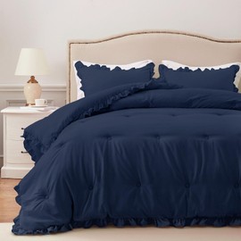 HARBOREST Queen Comforter Set Navy - Ruffle Comforter for Queen Size Bed, Fluffy Queen Size Comforter Set for All Seasons, 3 Pieces Shabby Chic Bedding Comforter Set(1 Comforter & 2 Pillow Shams)