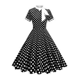 Polka Dot Dress for Women 50s Style Dresses Vintage Short Sleeve Tie Neck Swing Midi Prom Dress for Tea Party Evening Audrey Hepburn Dresses for Cocktail Work Party Homecoming Housewife Black L