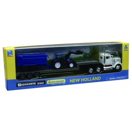 New-Ray Kenworth Lowboy Trailer with New Holland Construction Tractor Play Set