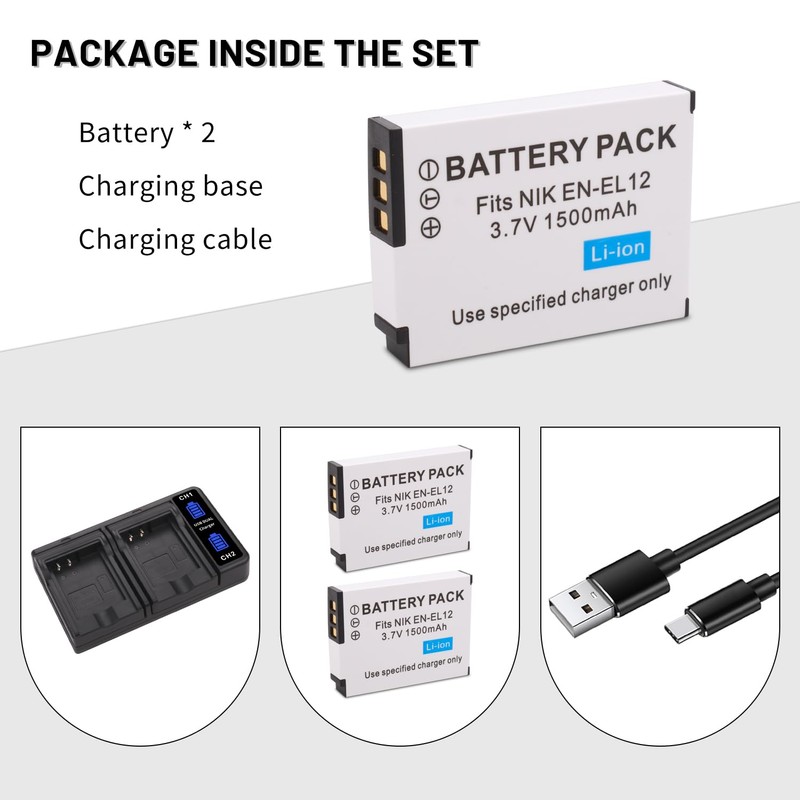 2-Pack EN-EL12 Battery with Charger for Nikon Coolpix A900 A1000