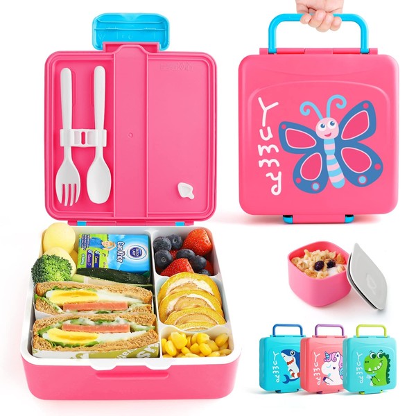 Lehoo Castle Lunch Box for Kids, 1300ml Toddler Bento Box Lunch Containers with 4 compartments, Kids Bento Lunch Box with Sauce Jar/Spoon & Fork