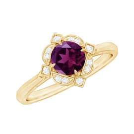 Certified Rhodolite Diamond Engagement Ring, Aaa Quality, Rhodolite Garnet Art Deco Ring in Silver- With Jewelry Box, 14K Yellow Gold Plated Silver, Size:US 5.00