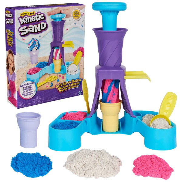 Kinetic Sand, Soft Serve Station with 396g of Play Sand (Blue, Pink and White), 2 Ice-Cream Cones and 2 Tools, Sensory Toys for Kids Aged 5 and up
