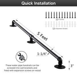Senmit Handrail for Indoor Stairs - 5 Feet Wall Mount Industrial Iron Pipe - Metal Railing Non-Slip Grab Bar - Stairs Porch Deck Hand Rail Matte Black