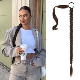 SEIKEA Upgraded Long Braid Ponytail Extension with Elastic Tie Straight Sleek Wrap Around Braid Hair Extensions Ponytail Black Mixed with Browns 34 Inch (After Braided 30 Inch)